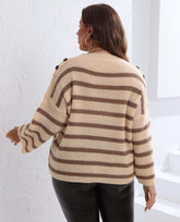 Women Striped Top plus Size Women Clothes Fastener Decoration Straight Sleeve Color Contrast Patchwork Loose Pullover